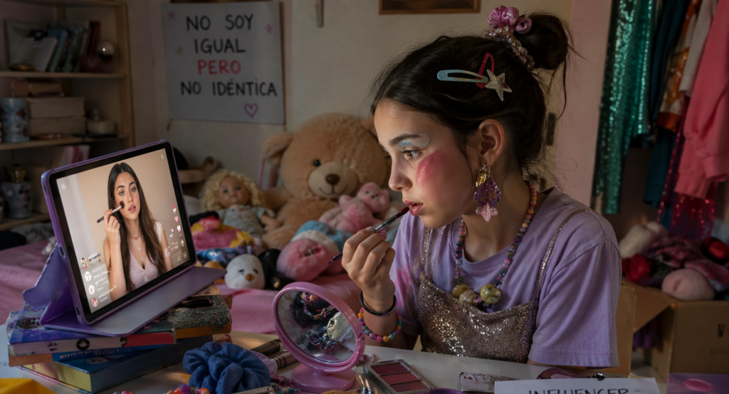 niña imitando a una influencer con una tablet usando maquillaje y objetos que tiene en su habitación